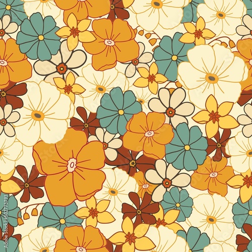 Vintage floral pattern in hand draw flower. Floral seamless background for fashion prints. Retro 70s style textile background. Summer vintage print.
