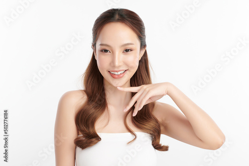 Beautiful young asian woman with clean fresh skin on white background, Face care, Facial treatment, Cosmetology, beauty and spa, Asian women portrait.