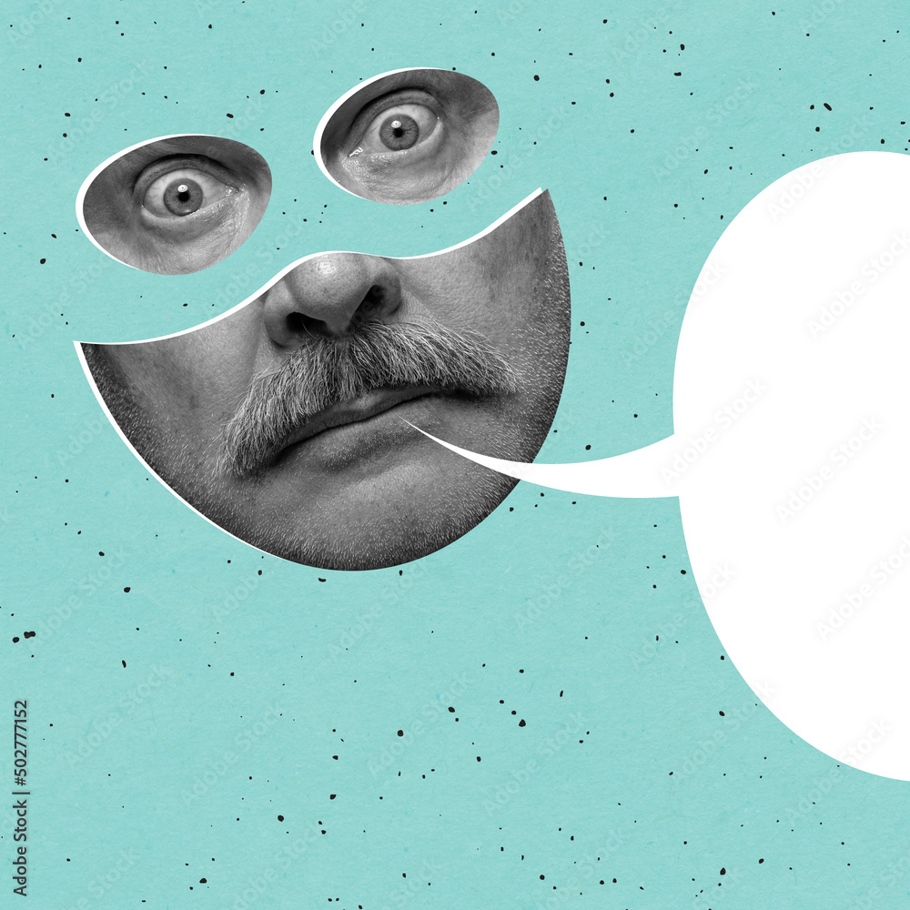 Contemporary art collage. Emotive man with moustache in superhero mask isolated over blue background - obrazy, fototapety, plakaty 