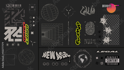 Trendy street culture elements set. Retro futuristic graffiti style signs for web design, poster, prints, advertising
