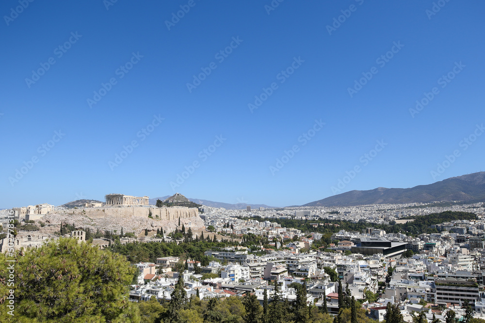 Expansive view of the Acropolis with Mount Lycabettus in the background, Athens, Greece
