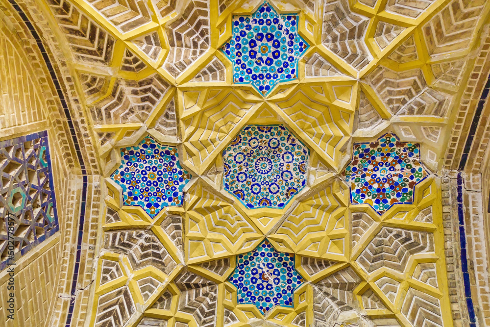 Ceiling patterns in the Kukeldash Madrasah (built in 1569). Shot in Bukhara, Uzbekistan