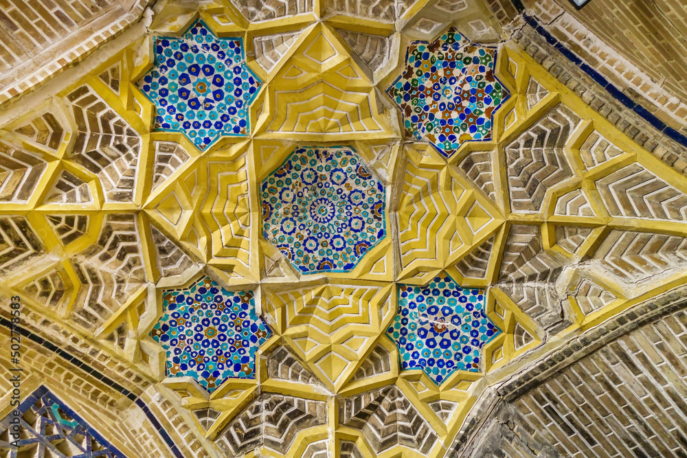 Ceiling geometric patterns in the Kukeldash madrasah. Shot in Bukhara, Uzbekistan
