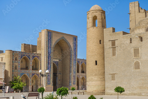 Panorama of the buildings of Ulugh Beg Madrasah and Abdulaziz-Khan Madrasah in Bukhara, Uzbekistan. Both buildings are listed by UNESCO