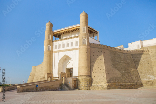 Entrance to the Ark fortress, ancient citadel of the rulers of Bukhara, Uzbekistan. Height of the fortifications reaches 20 m