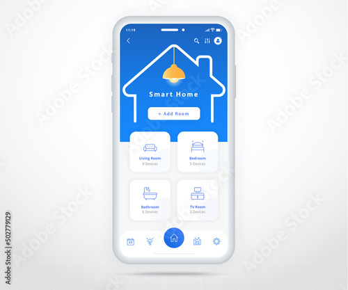 Smartphone smart home controlled app UX UI, IOT Internet of things technology, Digital future home automation tech, smart devices application phone, Room Wifi lighting heating air, vector illustration