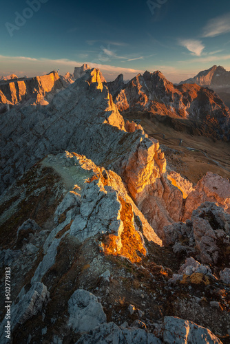 Autumn in the Italian Dolomites. The most beautiful time of the year to visit this place. Beautiful colors and breathtaking views. Mountain peaks above the valleys. © PawelUchorczak