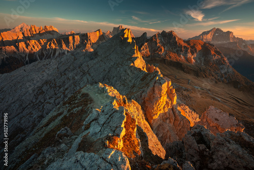 Autumn in the Italian Dolomites. The most beautiful time of the year to visit this place. Beautiful colors and breathtaking views. Mountain peaks above the valleys. © PawelUchorczak