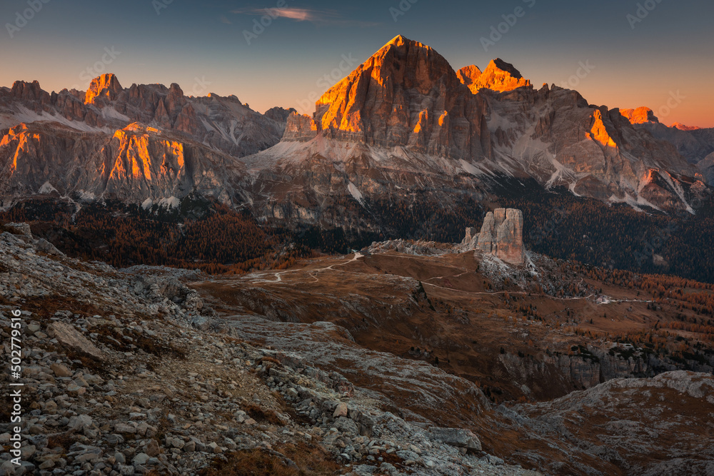Naklejka premium Autumn in the Italian Dolomites. The most beautiful time of the year to visit this place. Beautiful colors and breathtaking views. Mountain peaks above the valleys.