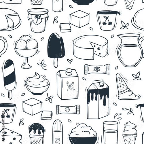 hand drawn doodle style dairy products pattern