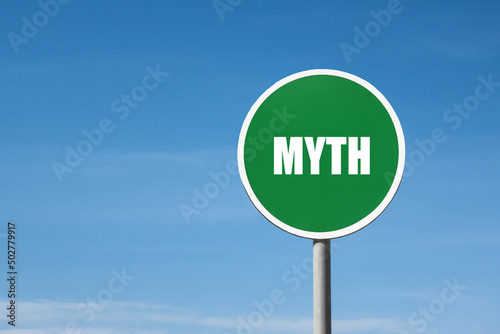 Obraz na plátně 'Myth' sign in green round frame. Blue sky is on background