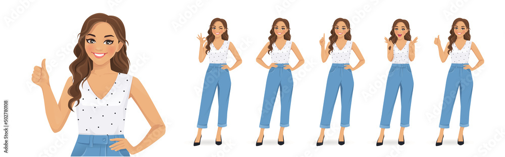 Young woman with curly hairstyle and casual style clothes in different poses set. Various gestures surprised, pointing, standing, showing thumb up and ok sign isolated vector ilustration Young woman with curly hairstyle and casual style clothes in different poses set. Various gestures surprised, pointing, standing, showing thumb up and ok sign isolated vector ilustration