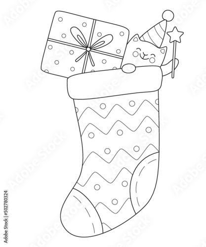 Draw cat in Christmas Sock for Christmas day and Happy New year. Vector illustration. Coloring book.