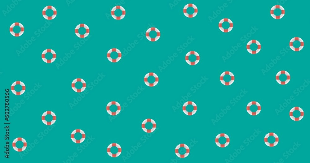 Animation of lifebuoys rotating over green background Animation of lifebuoys rotating over green background