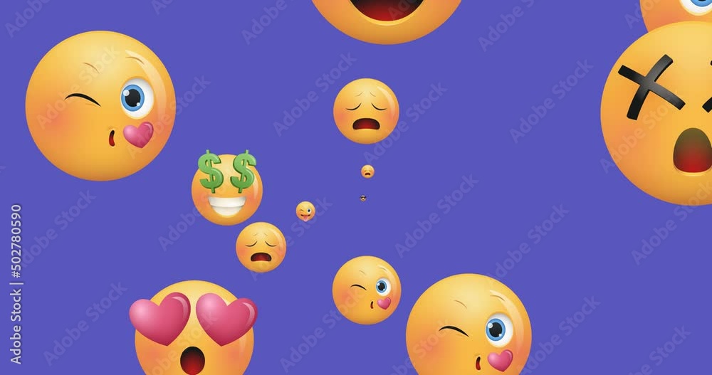 Animation of emoticons moving over violet background Animation of emoticons moving over violet background