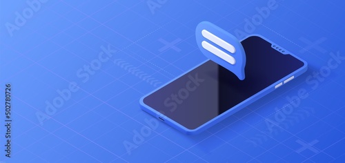 Laptop live chat service. Isometric message icon concept. Online support concept. Vector illustration.