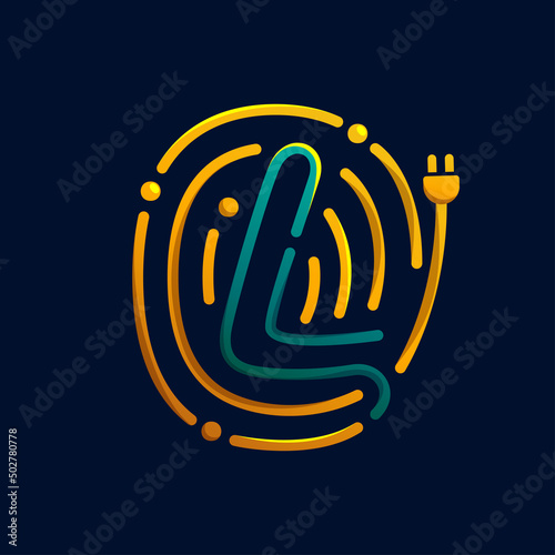 L letter logo made of fingerprint with plug. Colorful cable icon with vivid gradients and lines.