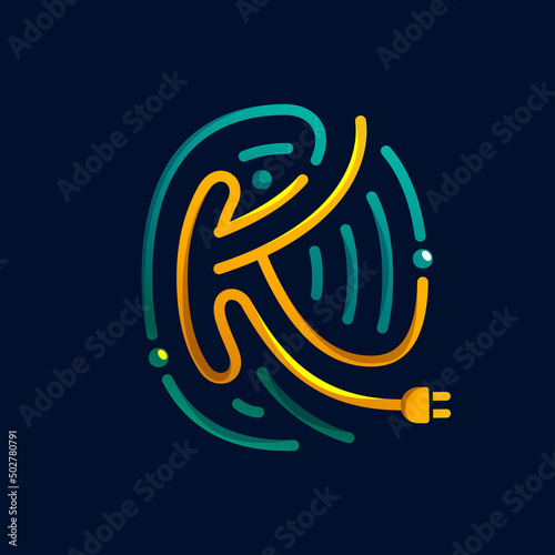 K letter logo made of fingerprint with plug. Colorful cable icon with vivid gradients and lines.