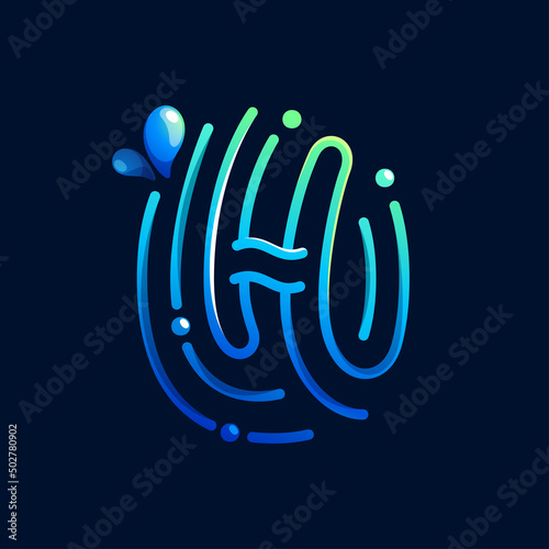 H letter logo made of fingerprint with pure water waves and drops. Blue gradient line icon.