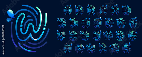 Alphabet made of fingerprint with pure water waves and drops. Blue gradient line icons.