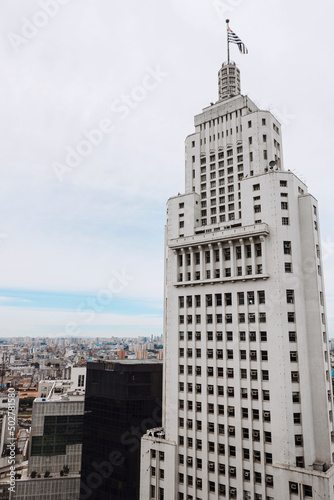 View of Sao Paulo. Brazilian metropolis, it is possible to see an iconic building of the city, the landmark. Classic building, located in the historic center of the city. Bank museum.
