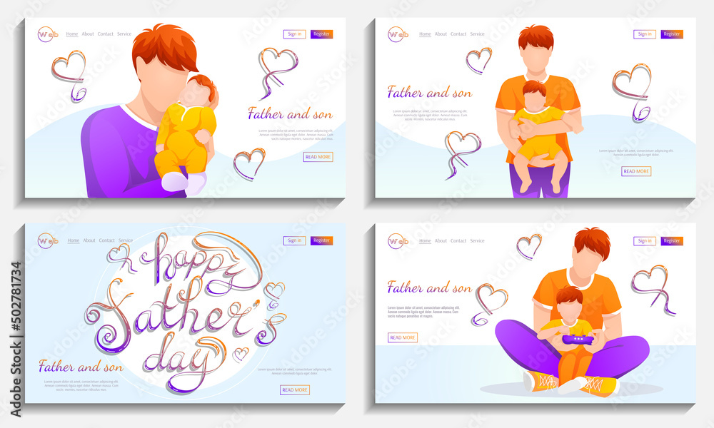Set of Web banner. Lettering: Happy Father's Day. Fathers with sons. Father and son, Family, Father's day concept. Vector illustration for flyer, poster, website development.
