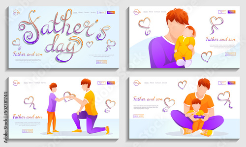 Set of Web banner. Lettering: Father's Day. Fathers with sons. Father and son, Family, Father's day concept. Vector illustration for flyer, poster, website development.