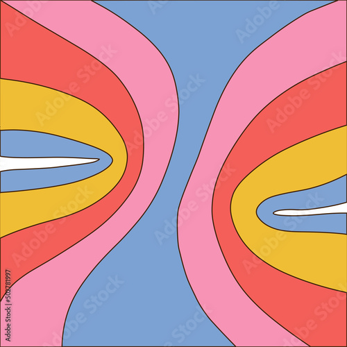 Groovy retro swirl burst backdrop. Striped summer and carnival background in 70s linear vintage style. Vector hand drawn illustration.
