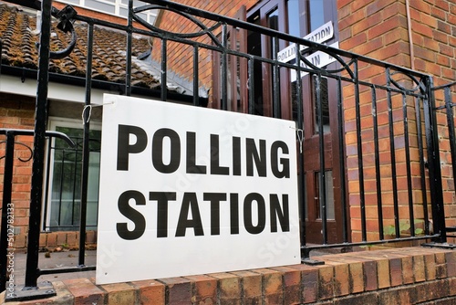 UK polling station sign outside church premises photo