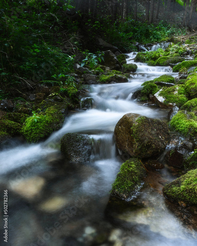 Image of flowing foggy mountain river