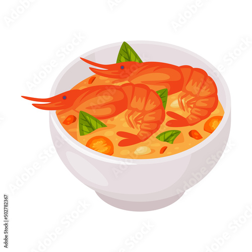Traditional Thai Food with Prawn Soup or Curry Broth Vector Illustration