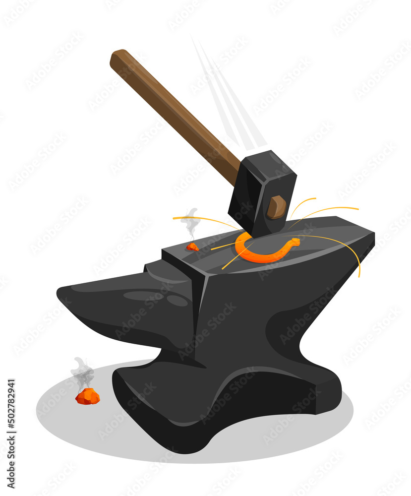 Obraz premium Blacksmith hammer hits horseshoe on anvil. Working in metal workshop. Cartoon vector isolated on white background