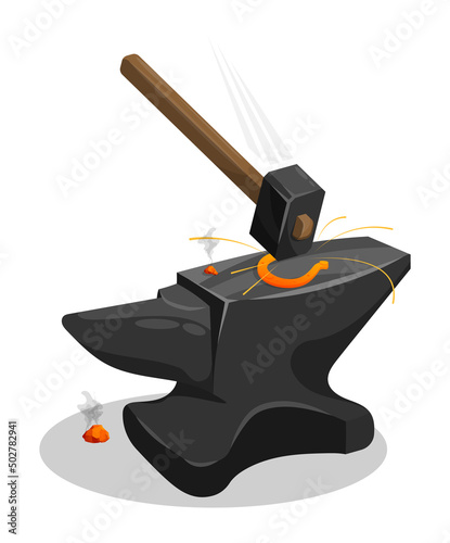 Blacksmith hammer hits horseshoe on anvil. Working in metal workshop. Cartoon vector isolated on white background