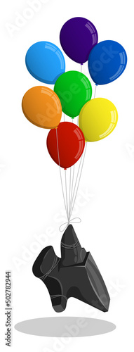 Bunch of balloons lifts up heavy anvil. Metaphor incredible effort, overcoming difficulties. Cartoon vector isolated on white background