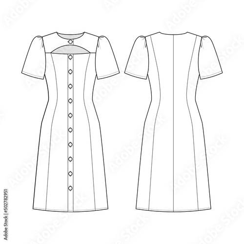 Fashion technical drawing of cut out dress with front buttons and puff sleeves