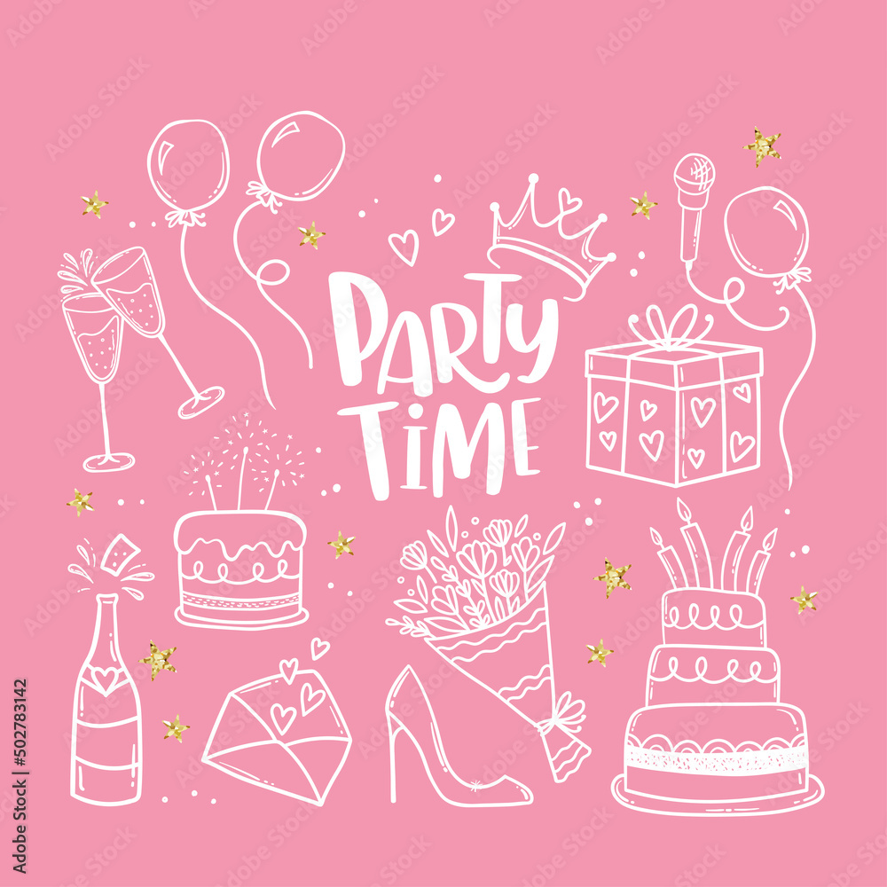 Fototapeta premium Fun hand drawn party design with cakes, gift boxes, balloons and party decoration. Great for birthday parties, textiles, banners, wallpapers, wrapping - vector design