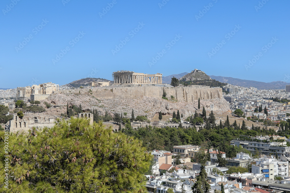 Expansive view of the Acropolis with Mount Lycabettus in the background, Athens, Greece
