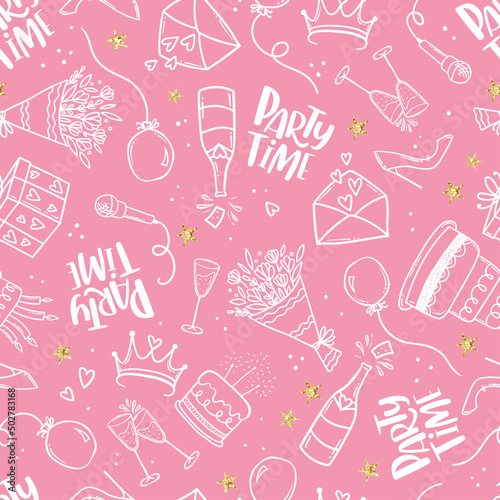 Fun hand drawn party seamless background with cakes, gift boxes, balloons and party decoration. Great for birthday parties, textiles, banners, wallpapers, wrapping - vector design