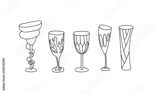 Vector set of goblets of unusual shape. Vintage style. Coloring pages.