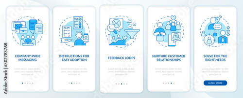 Solving for customer needs blue onboarding mobile app screen. Walkthrough 5 steps graphic instructions pages with linear concepts. UI, UX, GUI template. Myriad Pro-Bold, Regular fonts used