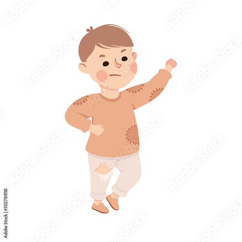 Little Frowning Boy in Theater Play Wearing Patched Costume Performing on Stage Vector Illustration