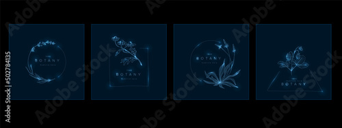 Minimalist dark blue floral emblem title frames with blue lights collection