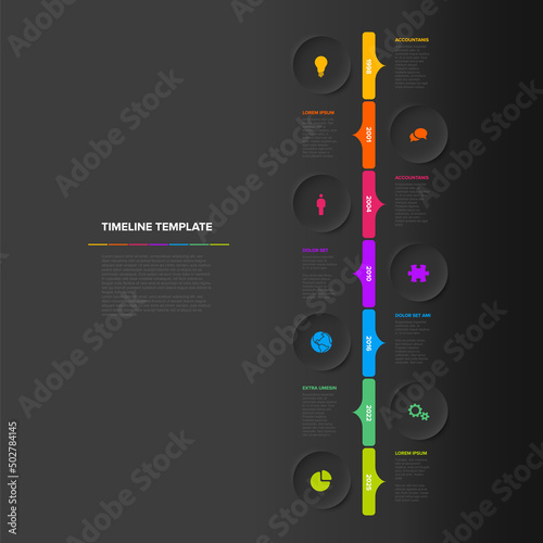 Seven circle vertical dark steps simple timeline process infographic