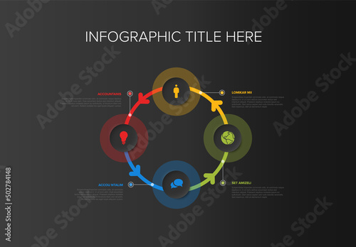 Simple infographic cycle with four relief circle icon elements and arrows