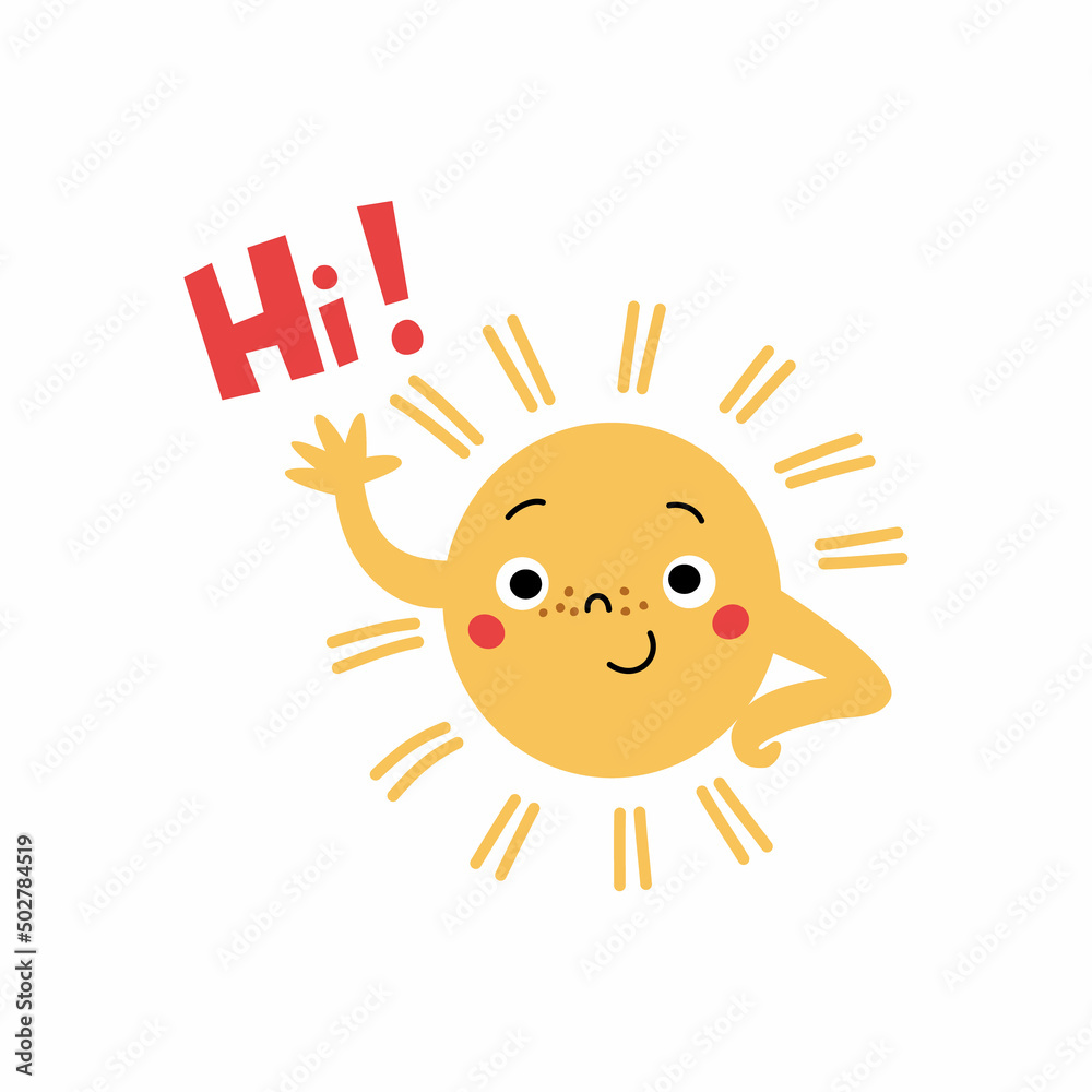 Cute sun character waving hand and Hi lettering.