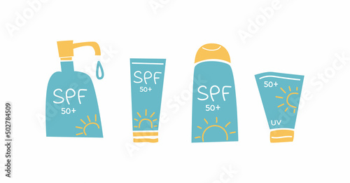 Sun and UV protection products. Sunscreen, SPF cosmetics.