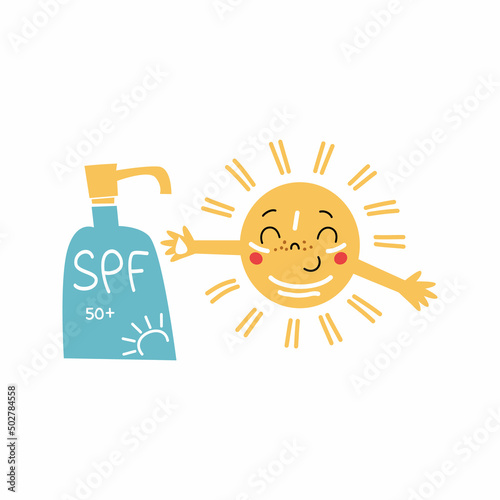 Sun character applying sunscreen.