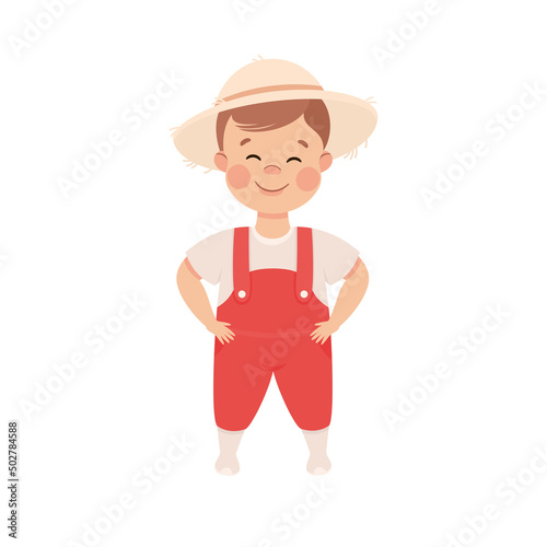Little Boy in Theater Play Wearing Farmer Costume Performing on Stage Vector Illustration