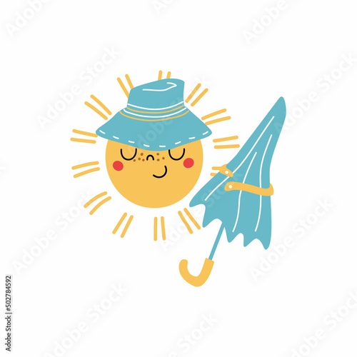Cute sun character with hat and umbrella.