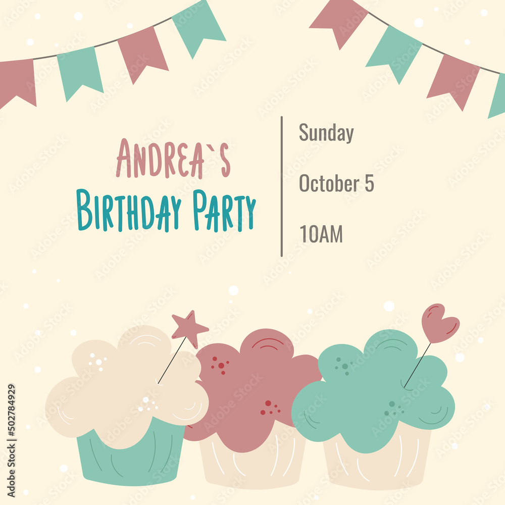 Birthday invitation with cupcakes and flags